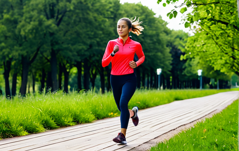 A person wearing a modern smartwatch, fully clothed in workout attire, running on a scenic trail in a park, appropriate content, safe for work, showcasing real-time biometric feedback on the watch face, perfect anatomy, natural pose, professional photography, modest clothing.