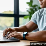 테크노웰빙을 위한 데이터 활용 전략 - A modern, stylish person wearing a sleek Fitbit Charge 5 fitness tracker on their wrist, sitting at ...