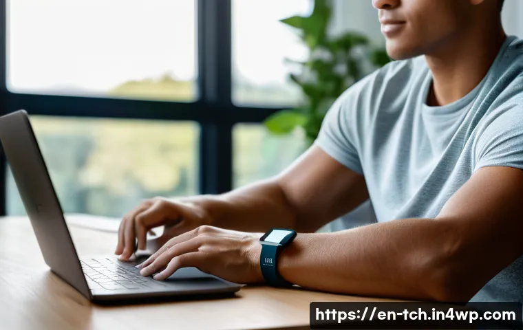 테크노웰빙을 위한 데이터 활용 전략 - A modern, stylish person wearing a sleek Fitbit Charge 5 fitness tracker on their wrist, sitting at ...