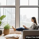 테크노웰빙을 위한 심리적 접근법 - A serene modern living room scene featuring a young adult sitting comfortably on a cozy armchair, pr...