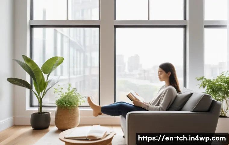 테크노웰빙을 위한 심리적 접근법 - A serene modern living room scene featuring a young adult sitting comfortably on a cozy armchair, pr...