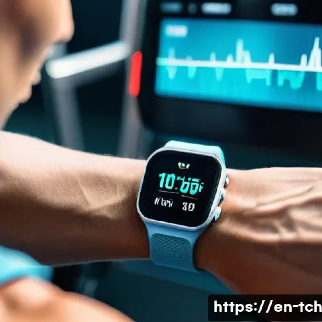 테크노웰빙을 위한 필수 웨어러블 기기 - A close-up scene of a modern smart wearable wrist device displaying real-time heart rate monitoring ...