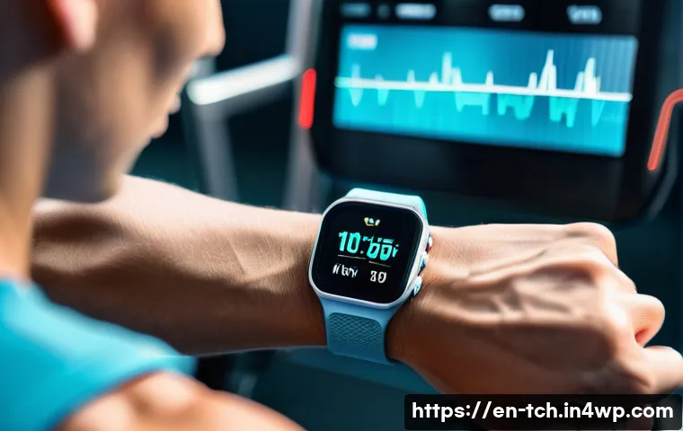 테크노웰빙을 위한 필수 웨어러블 기기 - A close-up scene of a modern smart wearable wrist device displaying real-time heart rate monitoring ...