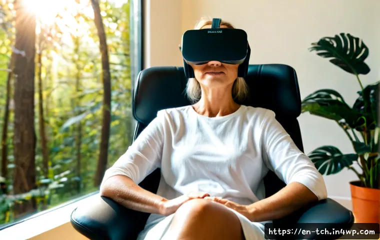 가상 현실을 통한 테크노웰빙 경험 - Photorealistic wellness scene in a bright contemporary home, relaxed middle-aged woman seated comfor...