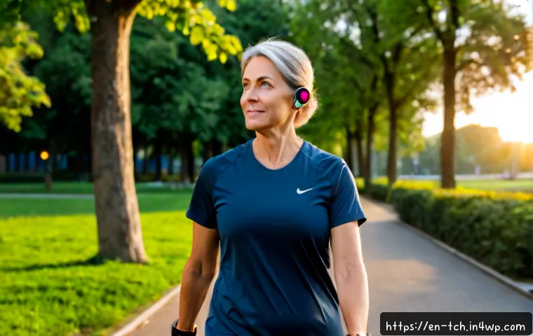 웨어러블 기술의 발전과 웰빙 - Photorealistic lifestyle scene of an active middle-aged woman walking through a peaceful urban park ...